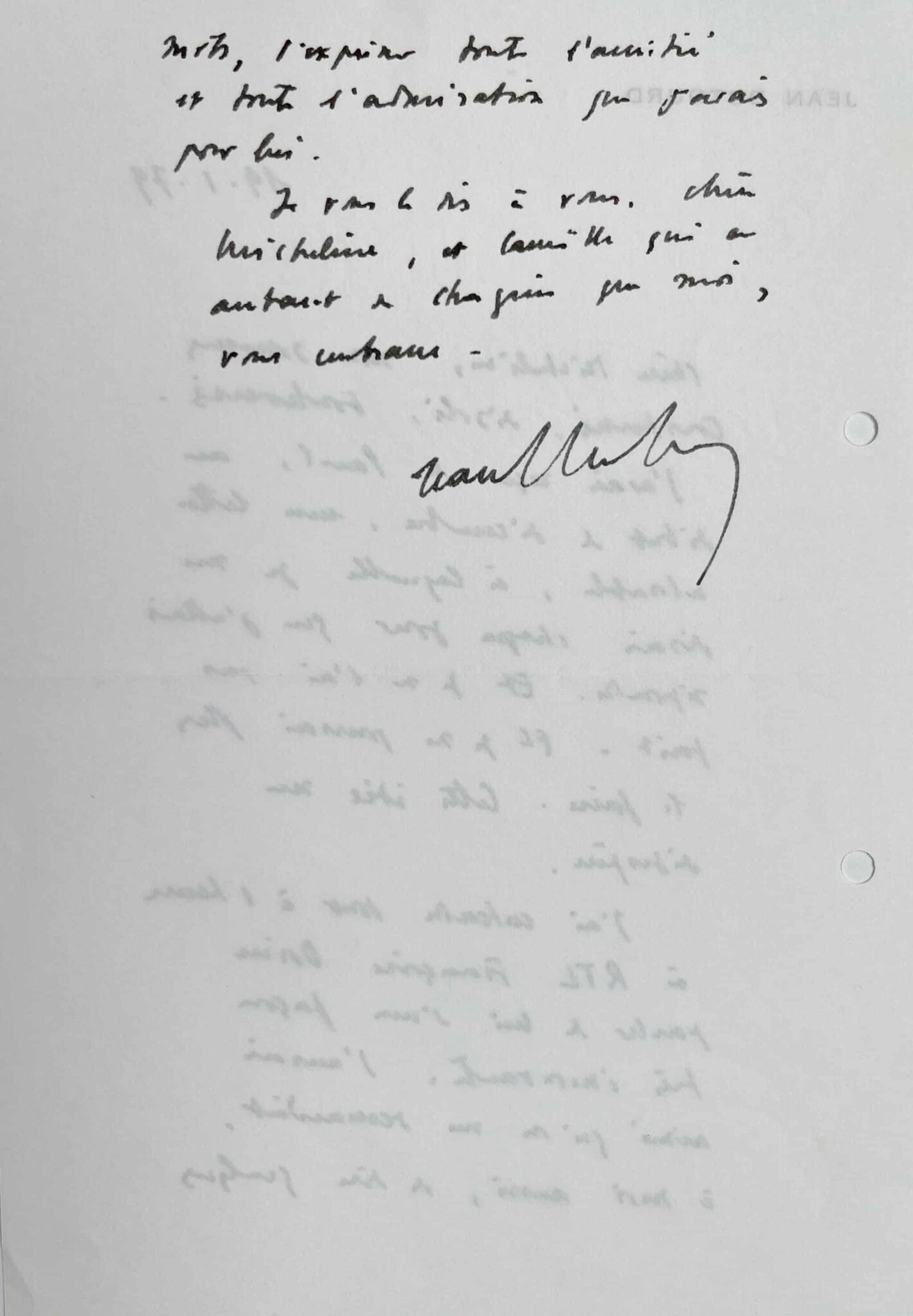 Lettre de condoléances de Jean Dutourd à Micheline Meurisse – vue 3 Lettre de condoléances de Jean Dutourd à Micheline Meurisse – vue 3