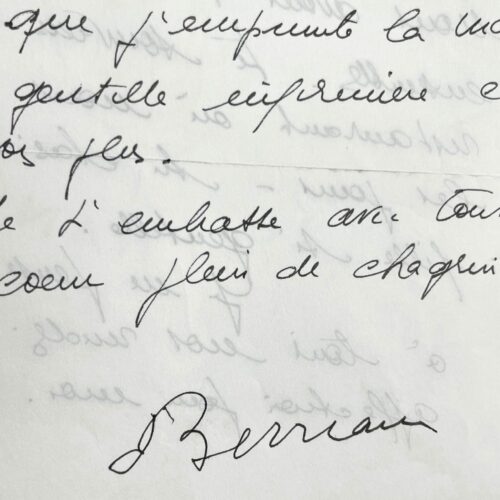 Belle lettre de condoléances de Simone Berriau adressée la veuve de Paul Meurisse