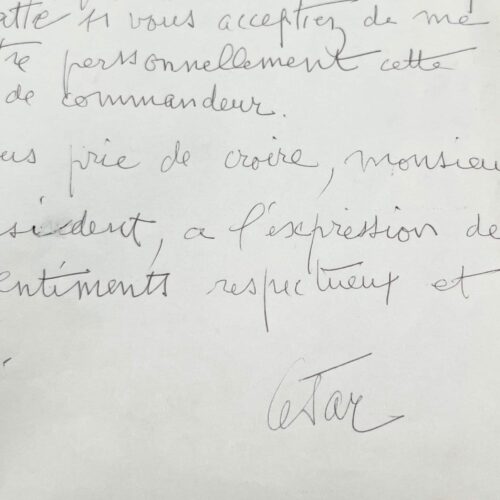 Lettre du sculpteur César à François Mitterrand, lui demandant de lui remettre l'Ordre du mérite