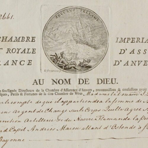 Ein sehr schöner Antwerpener Seeversicherungsvertrag aus dem Jahr 1769 für eine Reise von Ostende nach San Sebastián