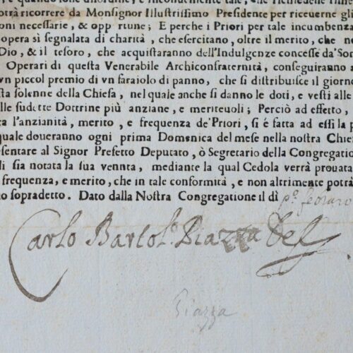 Certificat de l'Archiconfrateria della dottrina christiana, signé par l'oblat italien Carlo Bartolomeo Piazza, en 1699