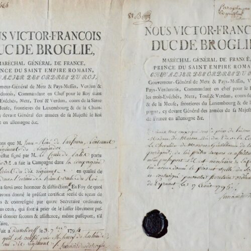 Émigration : deux documents signés par le maréchal duc de Broglie en 1794 et 1795