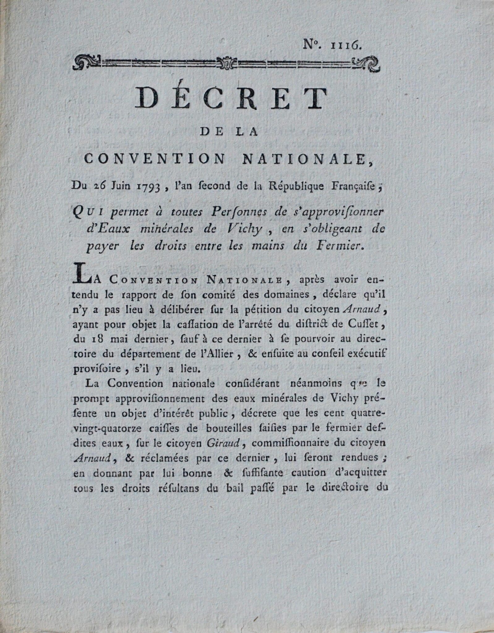Décret de la Convention nationale relatif aux eaux minérales de Vichy Décret de la Convention nationale relatif aux eaux minérales de Vichy
