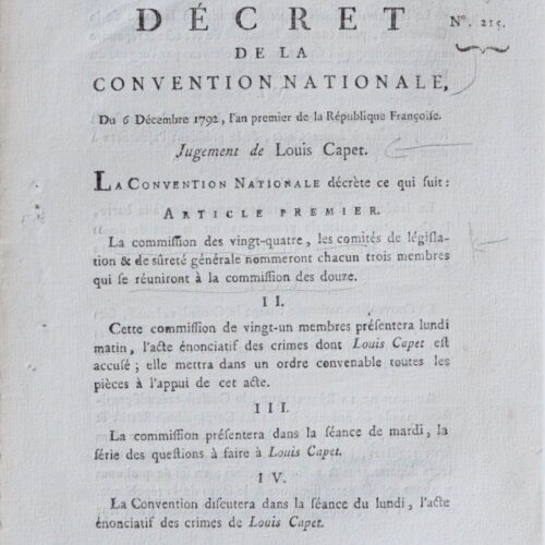 Décret du 6 décembre 1792 : annonce du procès de Louis XVI et des modalités de jugement