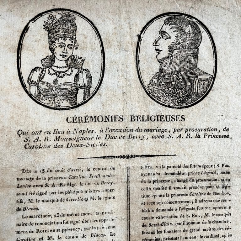 Rare imprimé populaire annonçant le mariage de la duchesse et du duc de Berry