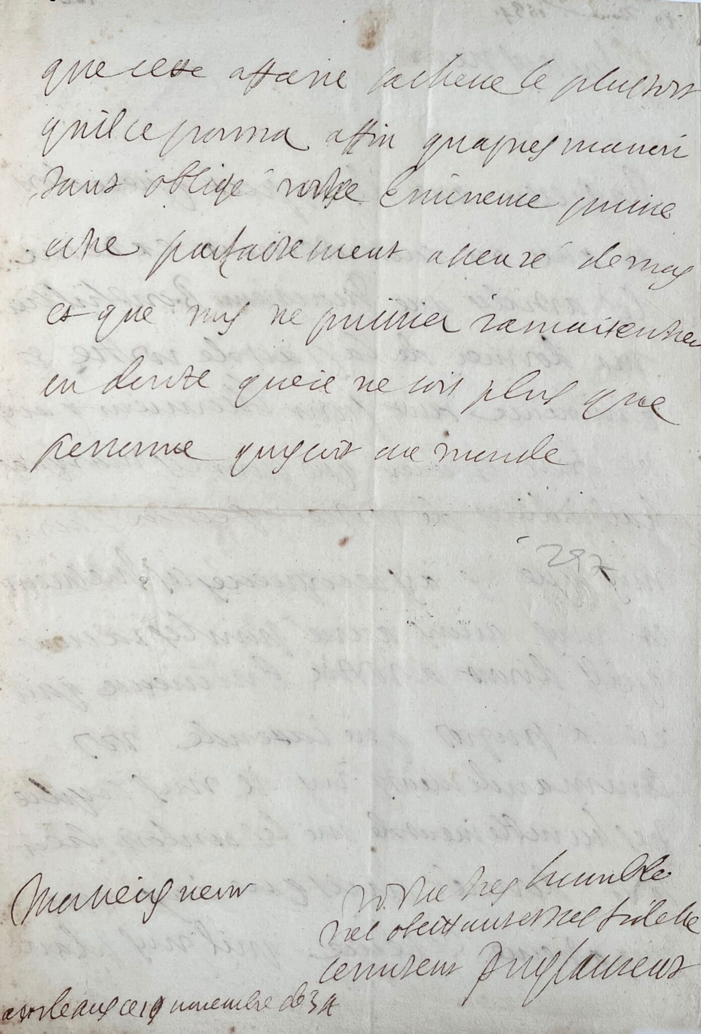 Lettre du duc de Puylaurens au cardinal de Richelieu quelques jours avant d'épouser sa nièce – vue 3 Lettre du duc de Puylaurens au cardinal de Richelieu quelques jours avant d'épouser sa nièce – vue 3