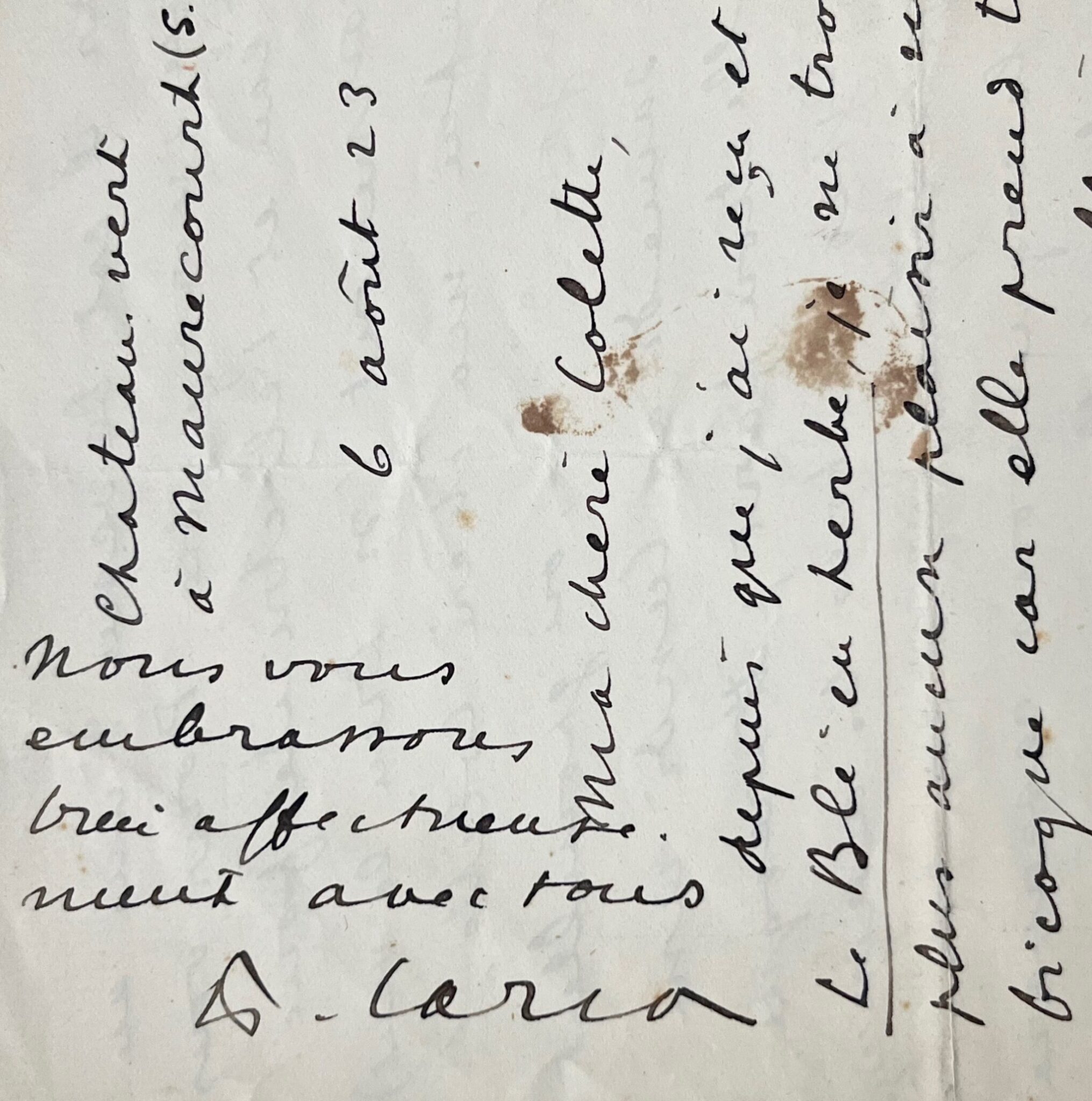 Lettre de Francis Carco à Colette sur Le Blé en herbe et son château de Maurecourt