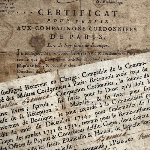 Deux documents du XVIIIe de la corporation des compagnons cordonniers de Paris