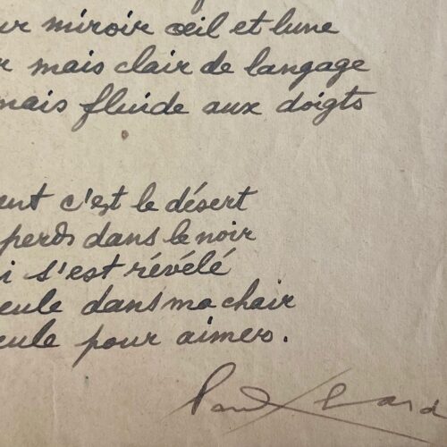 Prachtig handgeschreven gedicht, gesigneerd door Paul Éluard: "Ik had drie kastelen gebouwd in mijn geloften."