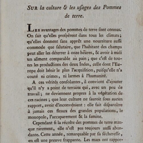 Petite brochure : "Instruction sur la culture & les usages de la pomme de terre" par Parmentier, en l'an 2