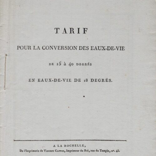 Tarifs pour la conversion des eaux-de-vie de 15 à 40 degrés en eaux-de-vie de 18°