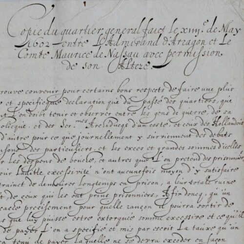 Manuscrit du XVIIe établissant le barème des rançons à demander pour les prisonniers de guerre dans les Pays-Bas espagnols