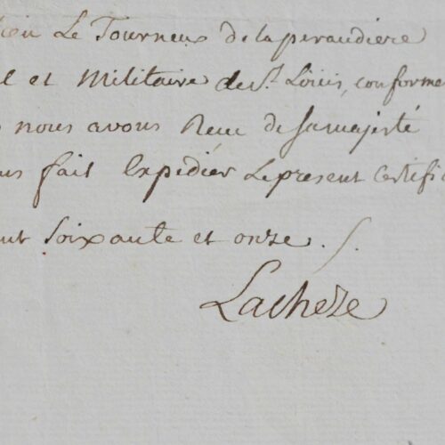 Certificat signé par le comte de La Cheze, capitaine des Mousquetaires à cheval de Louis XV