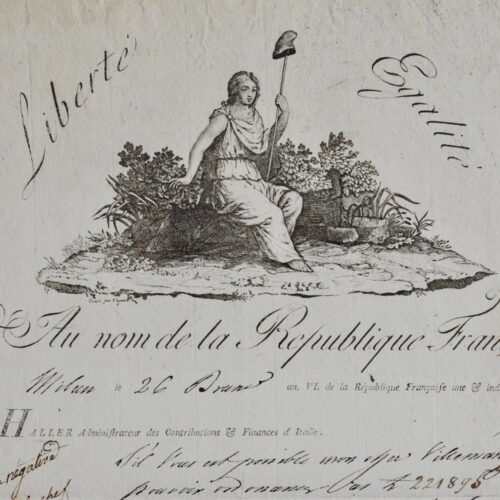 Lettre ornée d'une grande vignette emblématique d'Emanuel Haller, trésorier de l'Armée d'Italie