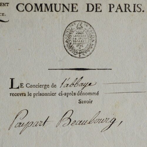 Ordre d'incarcération à la prison de l'Abbaye de l'agitateur Poupard de Beaubourg
