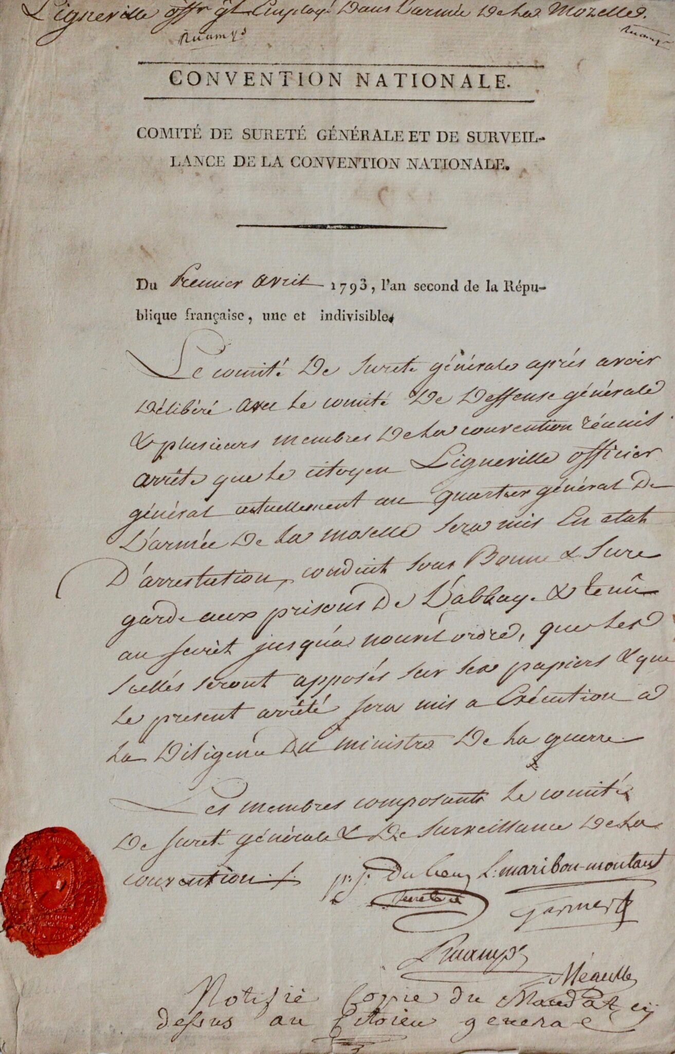 Ordre d'arrestation du général René-Charles de Ligneville, le 1er avril 1793 – vue 2 Ordre d'arrestation du général René-Charles de Ligneville, le 1er avril 1793 – vue 2