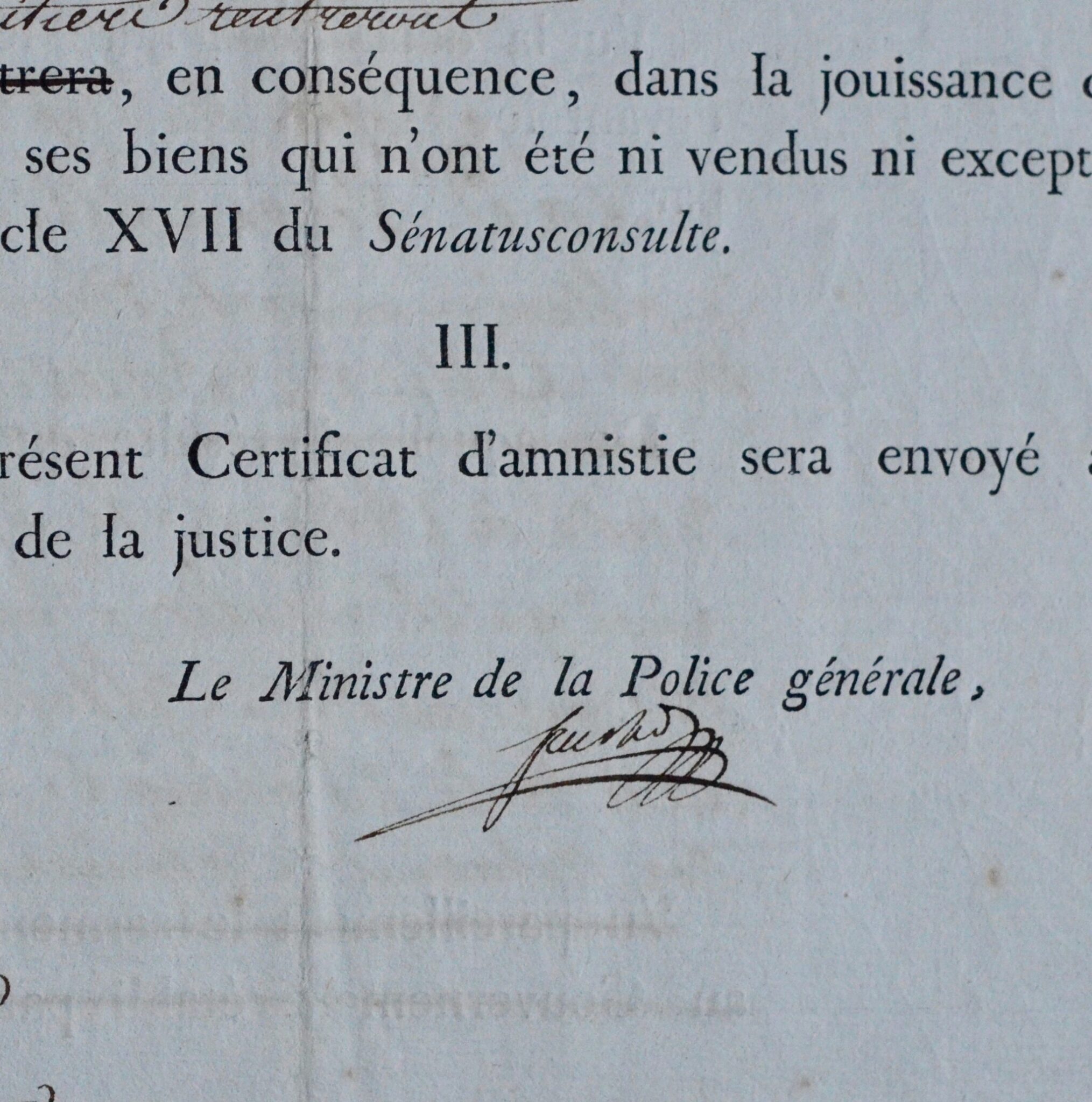 Joseph Fouché délivre un certificat d’amnistie à la veuve Cellier de Bouville
