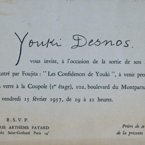 Carton d'invitation de Youki Desnos pour la parution de son livre illustré par Foujita