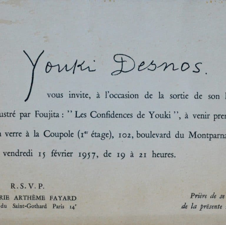 Carton d&rsquo;invitation de Youki Desnos pour la parution de son livre illustré par Foujita
