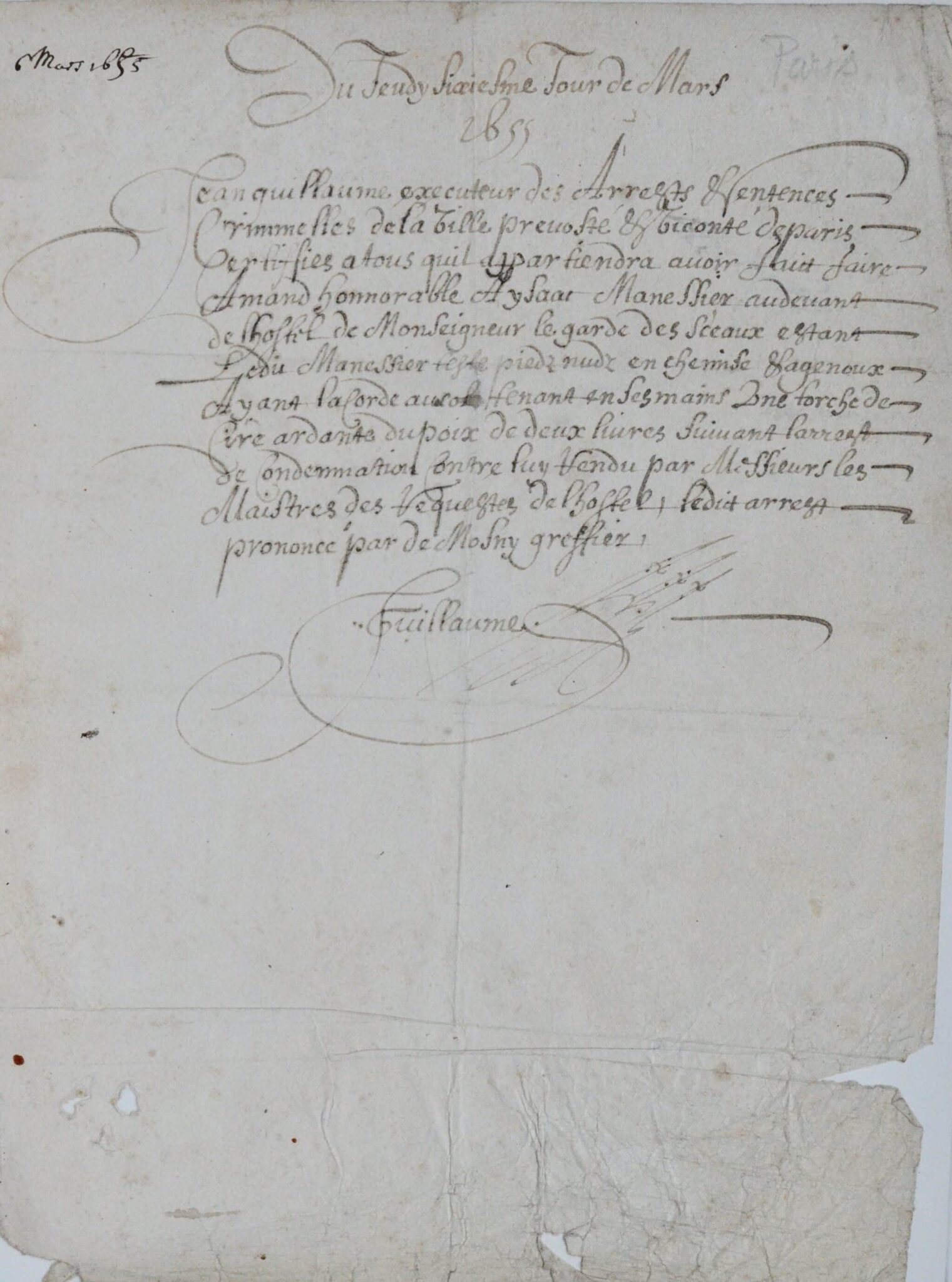 Très rare attestation du bourreau Jean Guillaume, de 1655, pour l'application d'un châtiment – vue 3 Très rare attestation du bourreau Jean Guillaume, de 1655, pour l'application d'un châtiment – vue 3