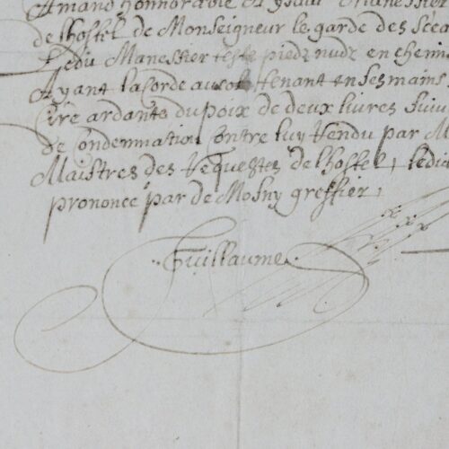 Très rare attestation du bourreau Jean Guillaume, de 1655, pour l'application d'un châtiment