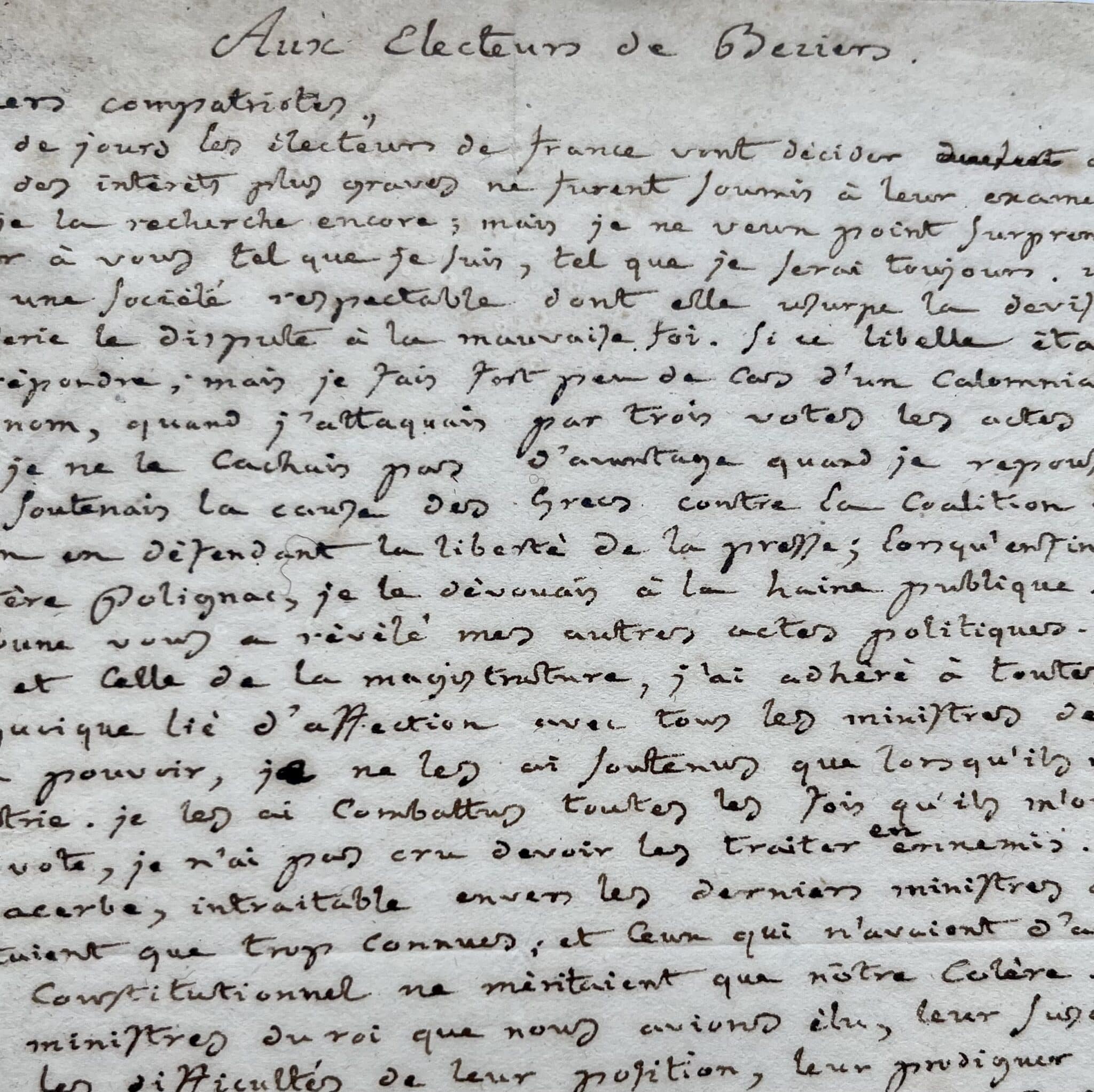 Manuscrit de la profession de foi de Jean-Pons-Guillaume Viennet pour sa 3e députation à Béziers