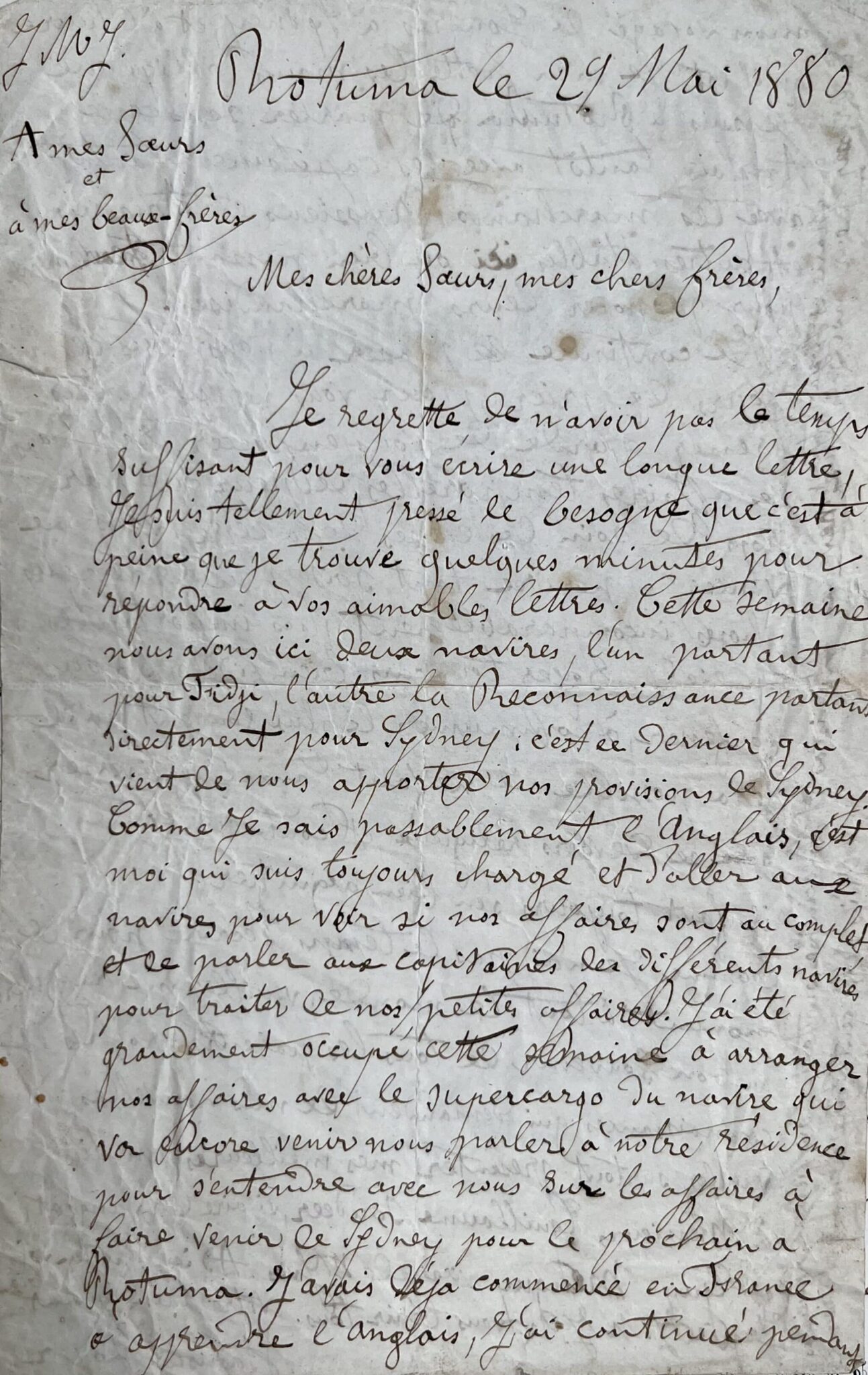 Lettre d'un missionnaire à Rotuma, dans les Îles Fidji, datée de 1880 – vue 3 Lettre d'un missionnaire à Rotuma, dans les Îles Fidji, datée de 1880 – vue 3