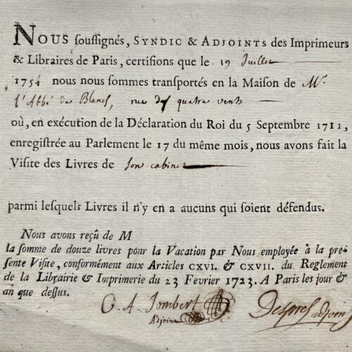 1754 : attestation de visite de bibliothèque signée par les libraires parisiens Jombert et Desprez