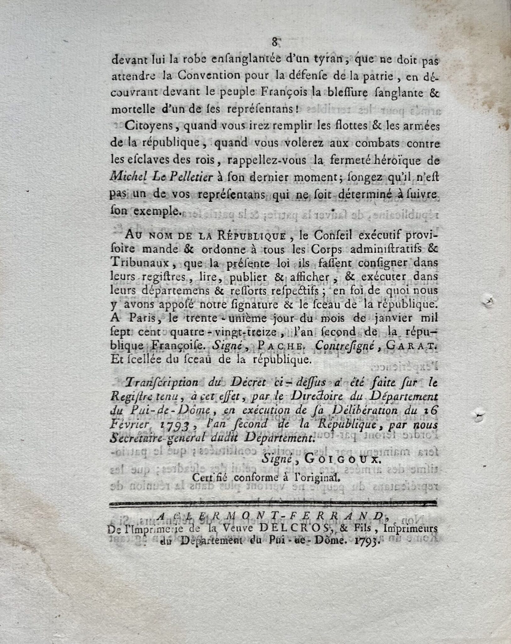 Imprimé annonçant l'exécution de Louis XVI – vue 2 Imprimé annonçant l'exécution de Louis XVI – vue 2