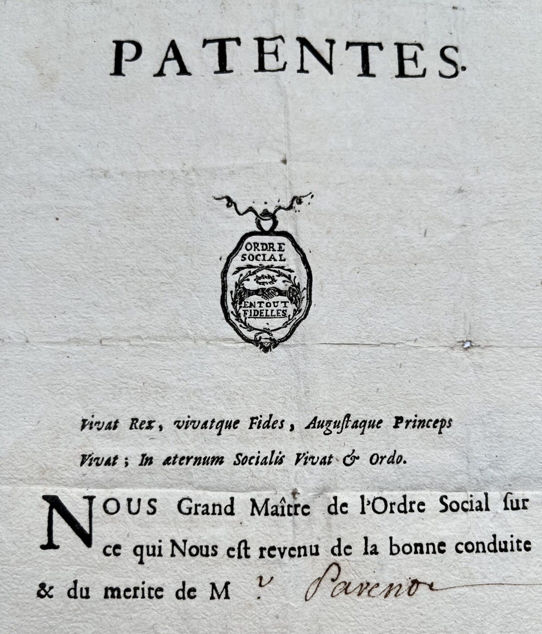Lettres d’admission dans l’Ordre social de l’Aimable commerce de Verdun, en 1724 Lettres d'admission dans l'Ordre social de l'Aimable commerce de Verdun, en 1724