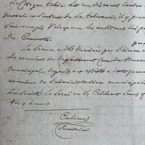 Manuscrit du compte-rendu de la séance inaugurale de la Société du Portique républicain, par Michel de Cubières