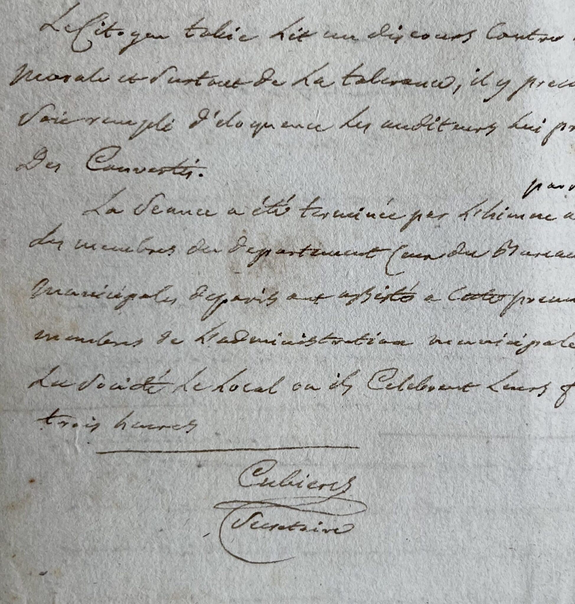 Manuscrit du compte-rendu de la séance inaugurale de la Société du Portique républicain, par Michel de Cubières