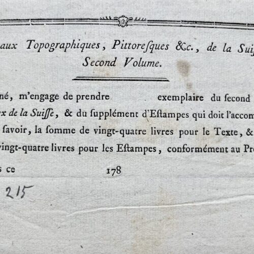 2 documents du XVIIIe siècle relatifs à l'édition des Tableaux pittoresques de la Suisse.