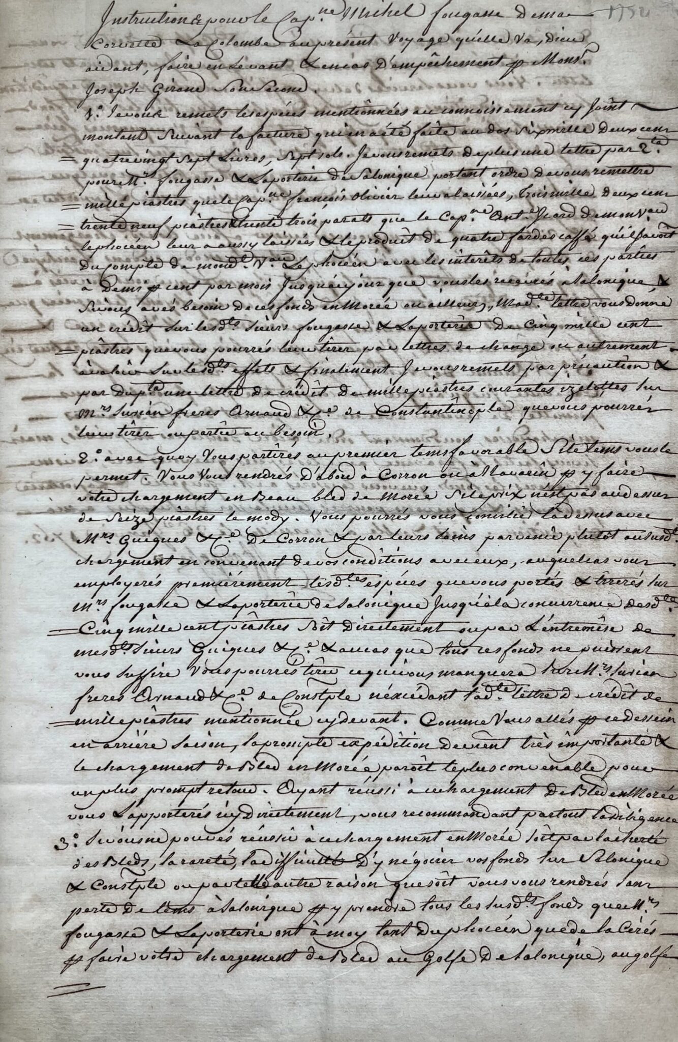 Dossier de 9 documents sur le voyage commercial de la corvette La Colombe, aux Échelles du Levant, en 1752 – vue 3 Dossier de 9 documents sur le voyage commercial de la corvette La Colombe, aux Échelles du Levant, en 1752 – vue 3