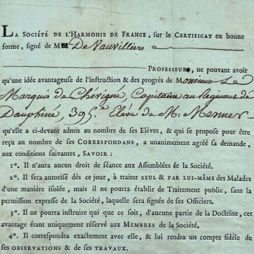 Mesmérisme : rare brevet de correspondant de la Société de l'Harmonie de France