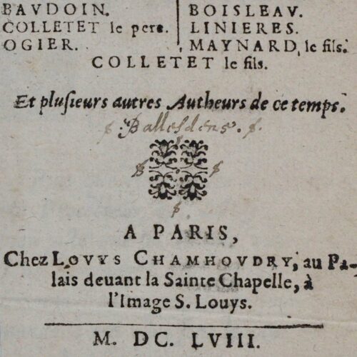 Rare signature de Jean Ballesdens, l'un des tout-premiers académiciens, sur la page de titre des Muses illustres