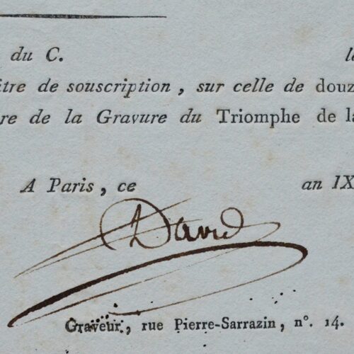 Deux reçus signés du graveur François-Anne David dont un pour le portrait du duc de Berry
