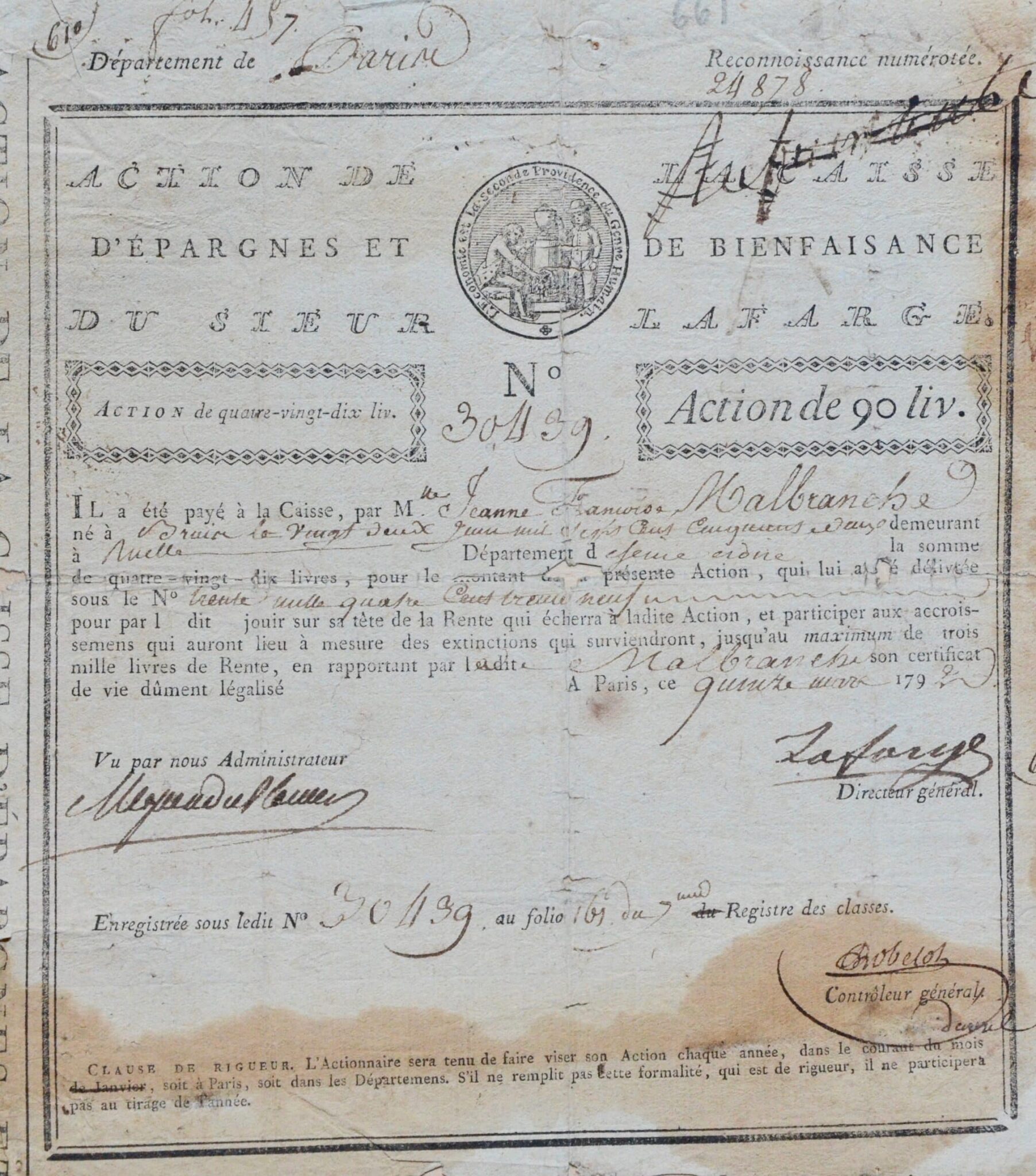 "Action de la caisse d'épargnes et de bienfaisance du sieur Lafarge" de 1792 – vue 2 "Action de la caisse d'épargnes et de bienfaisance du sieur Lafarge" de 1792 – vue 2