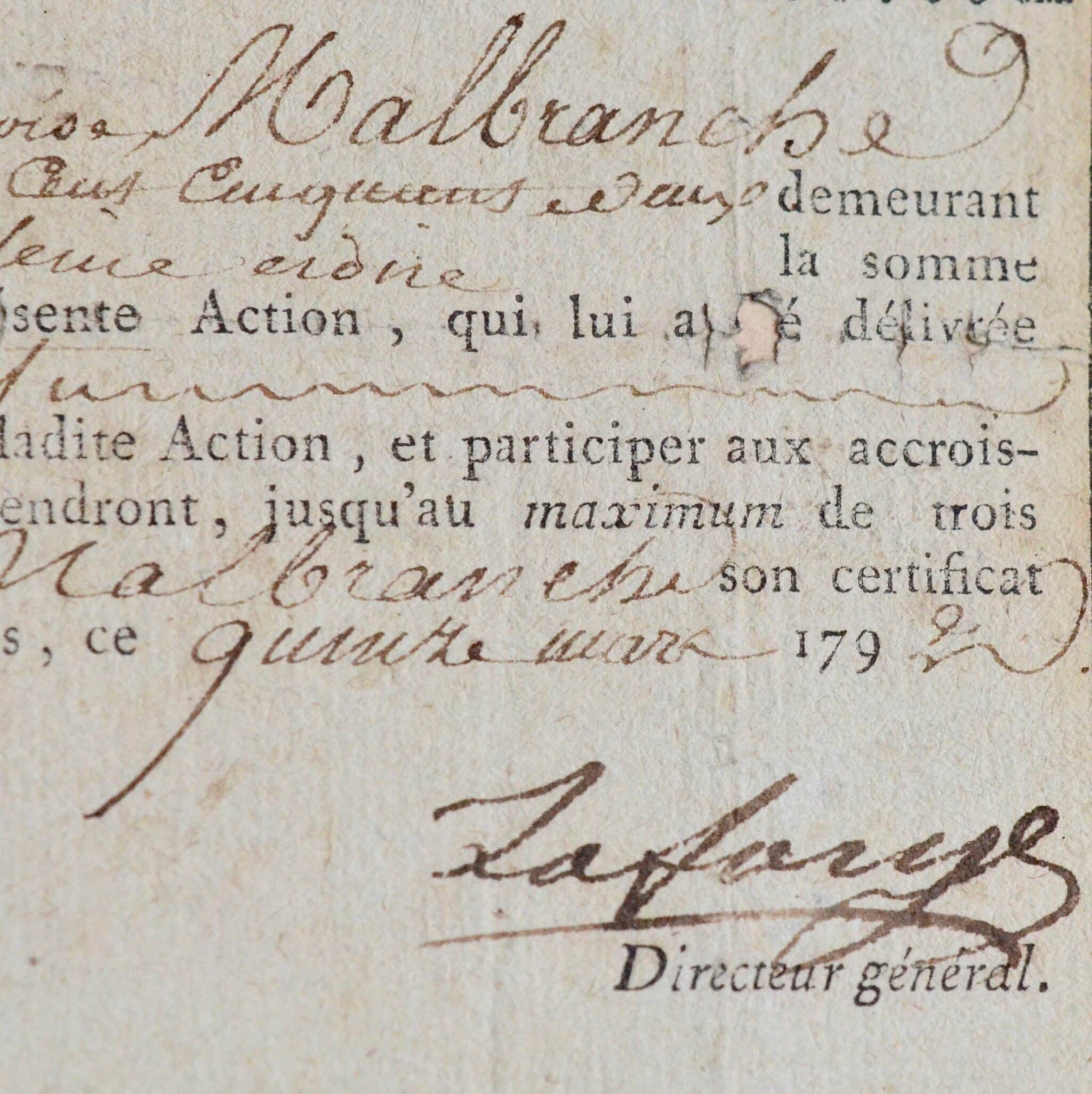 "Action de la caisse d'épargnes et de bienfaisance du sieur Lafarge" de 1792