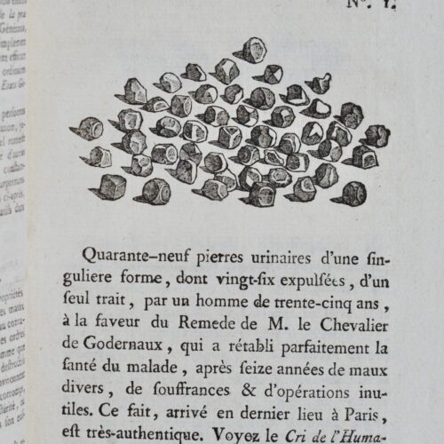 Curieux imprimé de 1789 contenant des gravures de bézoards et pierres urinaires
