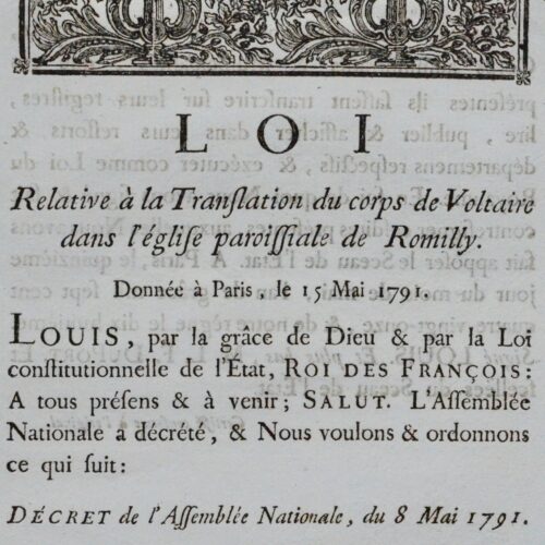 « Loi relative à la translation du corps de Voltaire dans l’église paroissiale de Romilly »