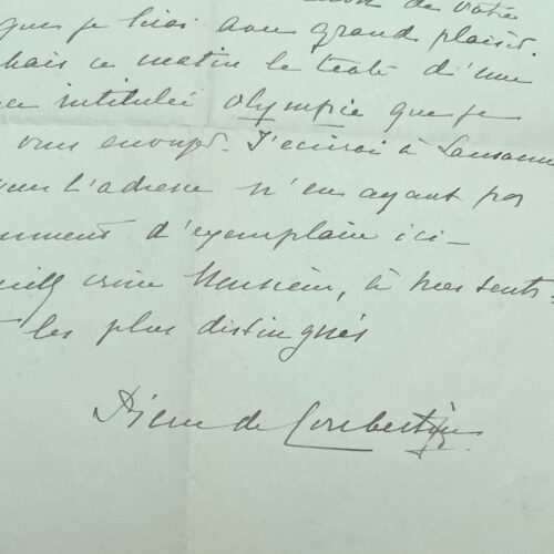 Rare lettre de Pierre de Coubertin sur sa conférence "Olympie"