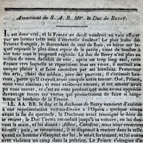 Imprimé sur l'assassinat du duc de Berry