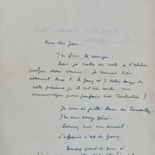 Lettre de Maurice Sachs à Jean Hugo au sujet de la traduction de 'Young Visiters' de Daisy Ashford