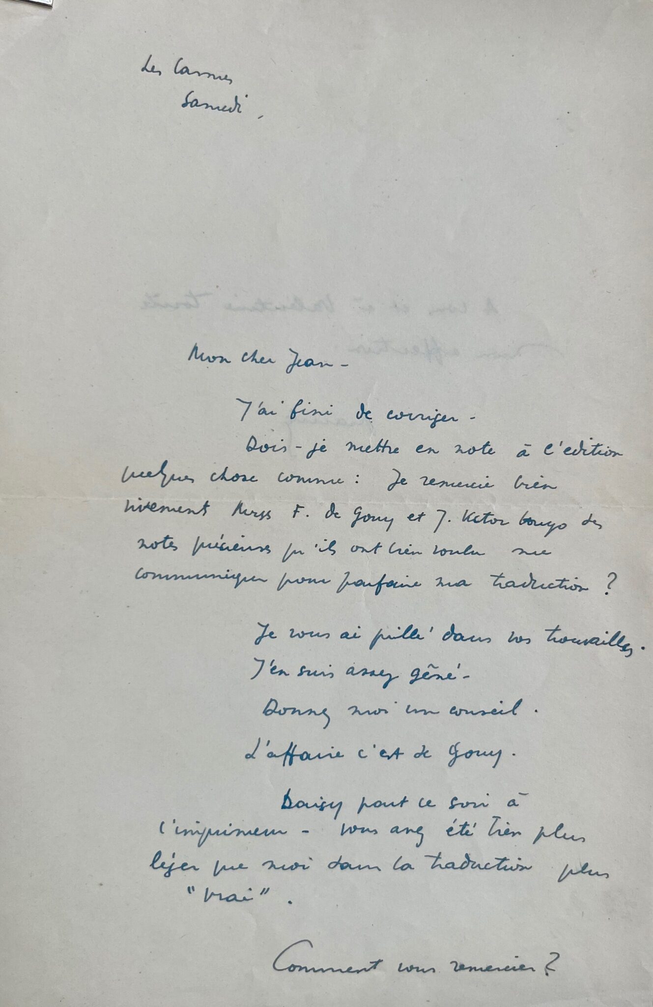 Lettre de Maurice Sachs à Jean Hugo au sujet de la traduction de ‘Young Visiters’ de Daisy Ashford