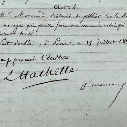 Contrat d'édition signé entre Louis Hachette et Félix Mornand pour un Guide du voyageur en Belgique