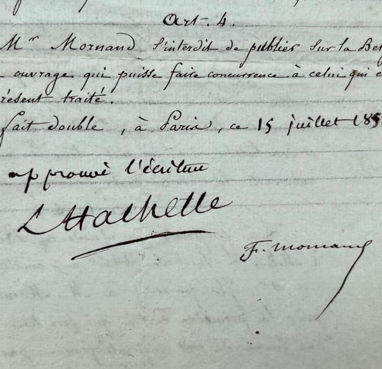 Contrat d&rsquo;édition signé entre Louis Hachette et Félix Mornand pour un Guide du voyageur en Belgique