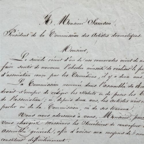 Pétition adressée à Samson, signée par 16 acteurs, sur la précarité des comédiens