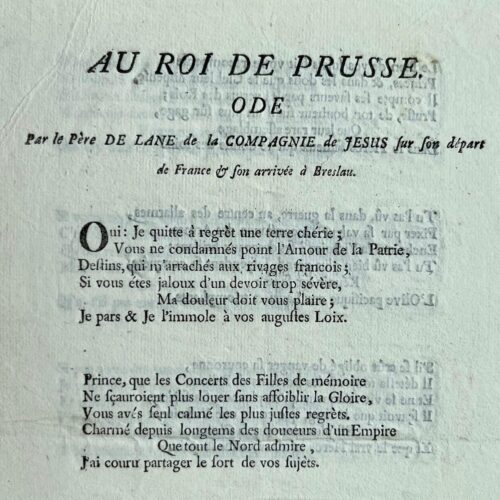 Ode au Roi de Prusse, par Père de Lane de la Compagnie de Jesus, sur son voyage en Pologne