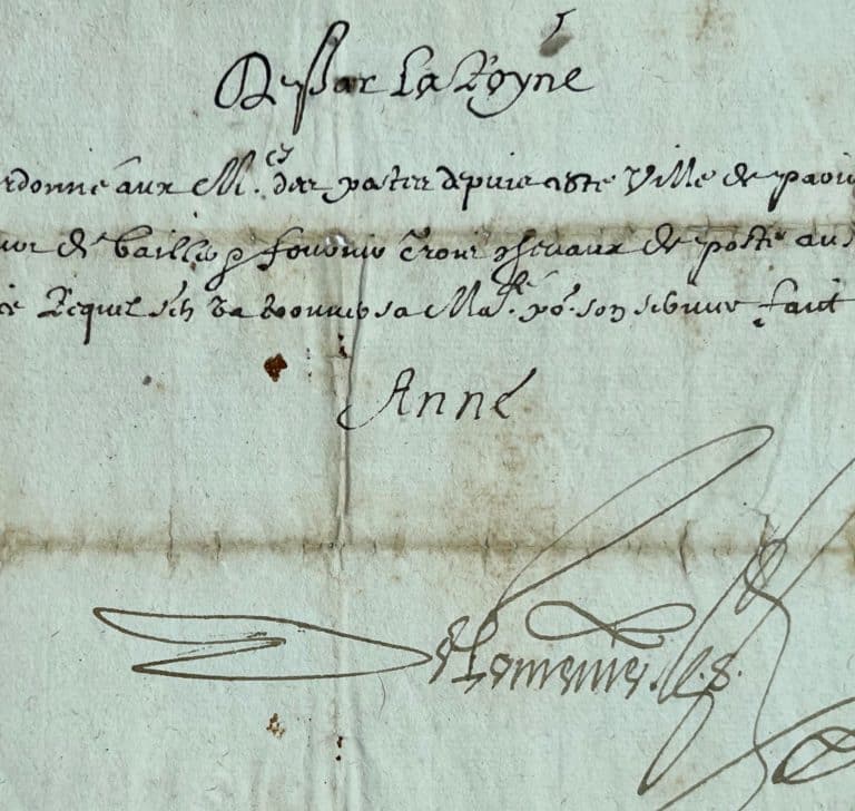 Anne d&rsquo;Autriche ordonne aux maîtres des Postes de Paris de fournir trois chevaux au Sr de St Mauris